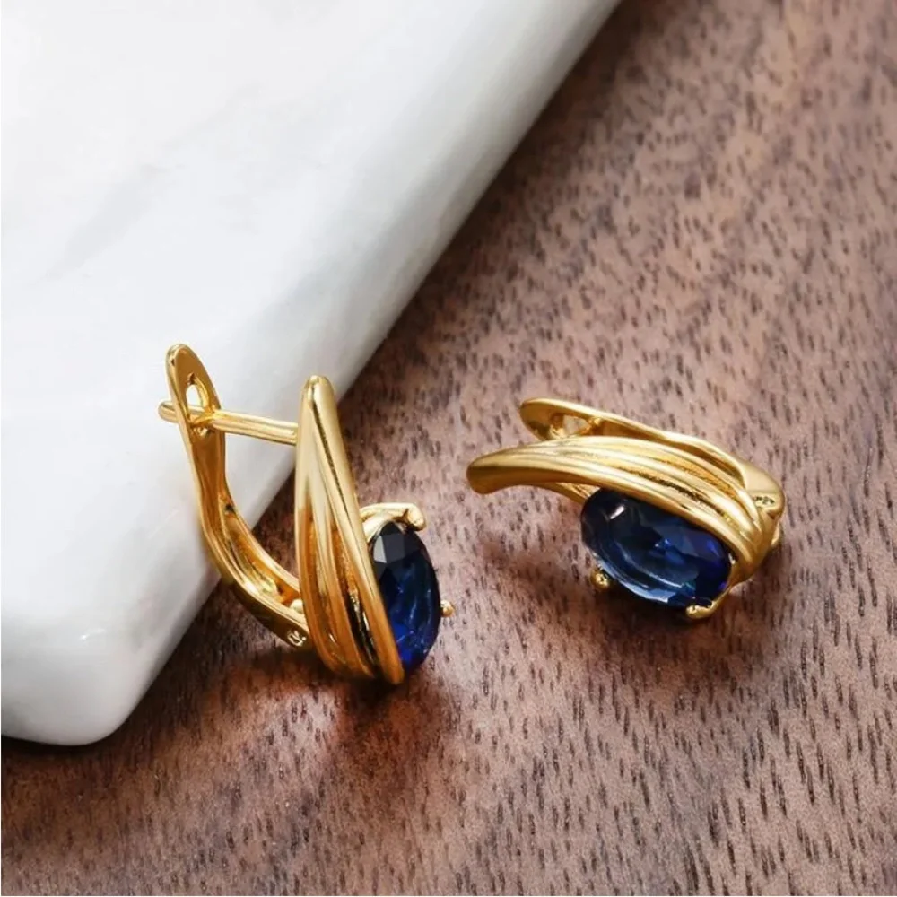 New 18k Yellow Gold Over Silver Blue Sapphire Huggie Studs